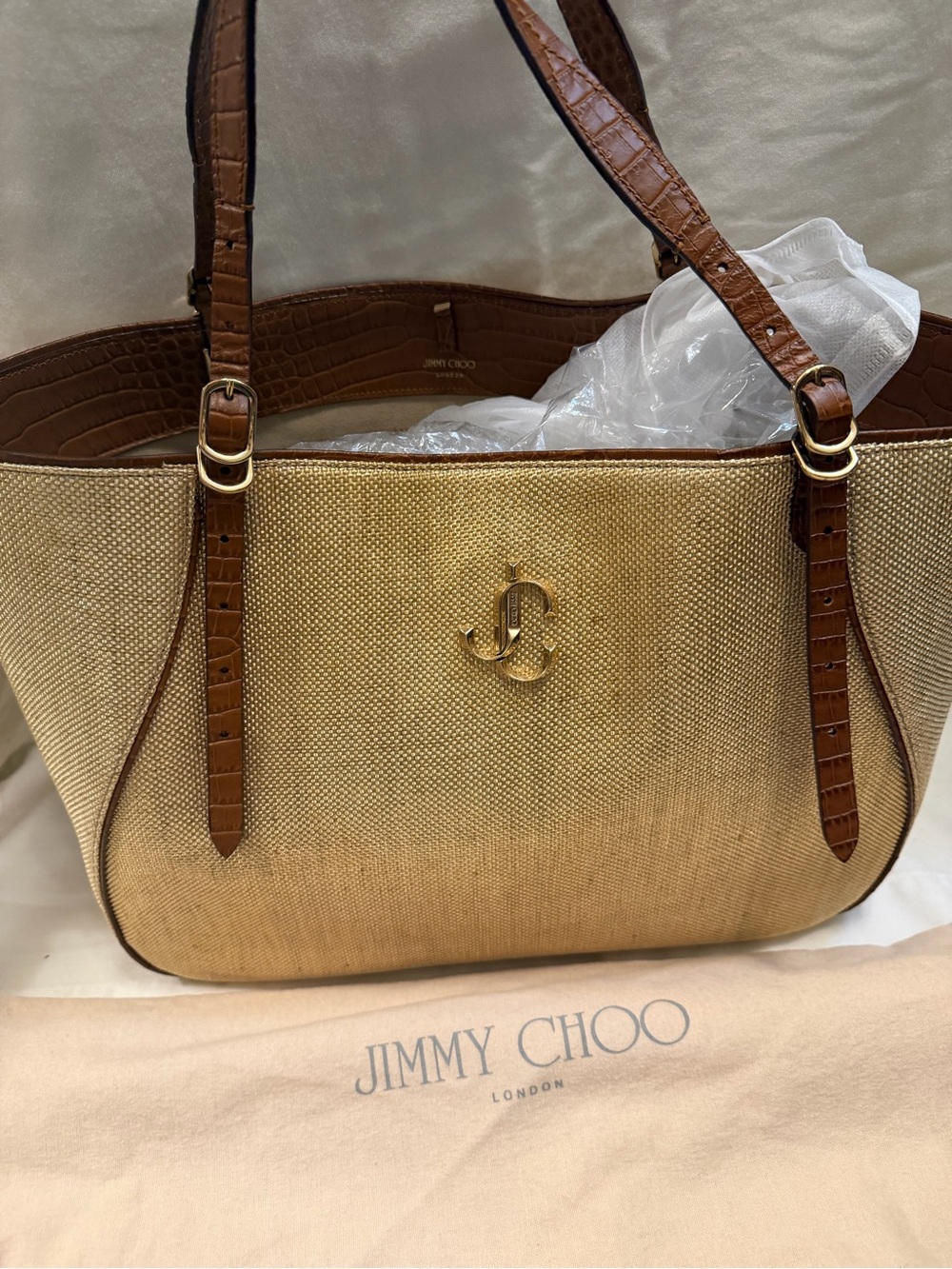 Jimmy Choo Gold Canvas Tote with Brown Leather Trim with dust bag